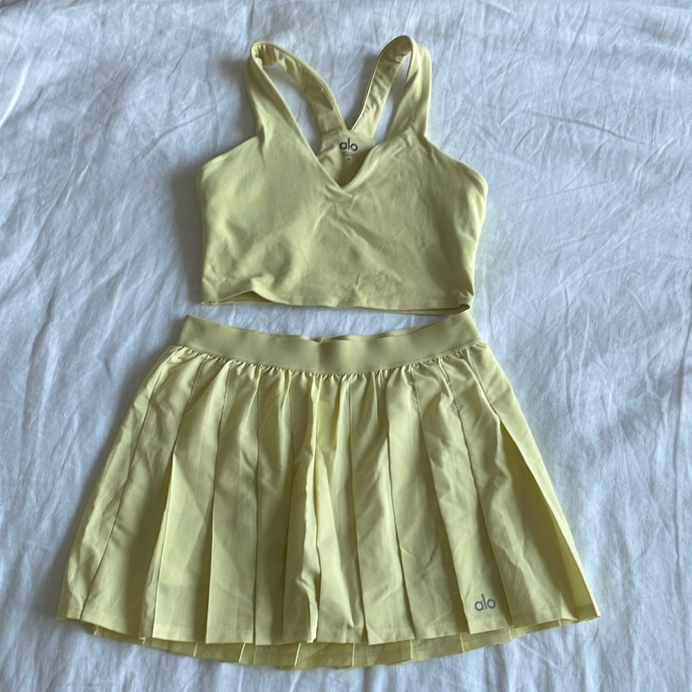 Alo Yoga varsity tennis skirt & real bra top set